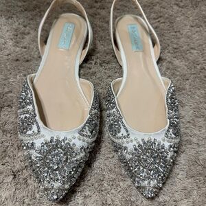 Betsey Johnson White Satin Beaded Rhinestone Pointed Toe Ballet Flats